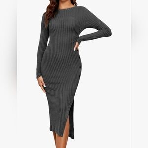 Famulily Dress Long Sleeve Ribbed Knit Crewneck Solid Elastic Side Slit Buttons